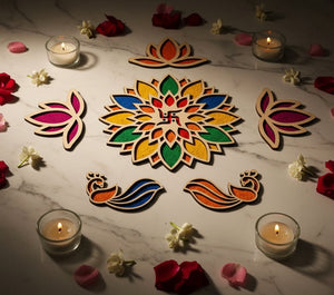 Colorful floral patterns on a marble surface with candles and flowers.