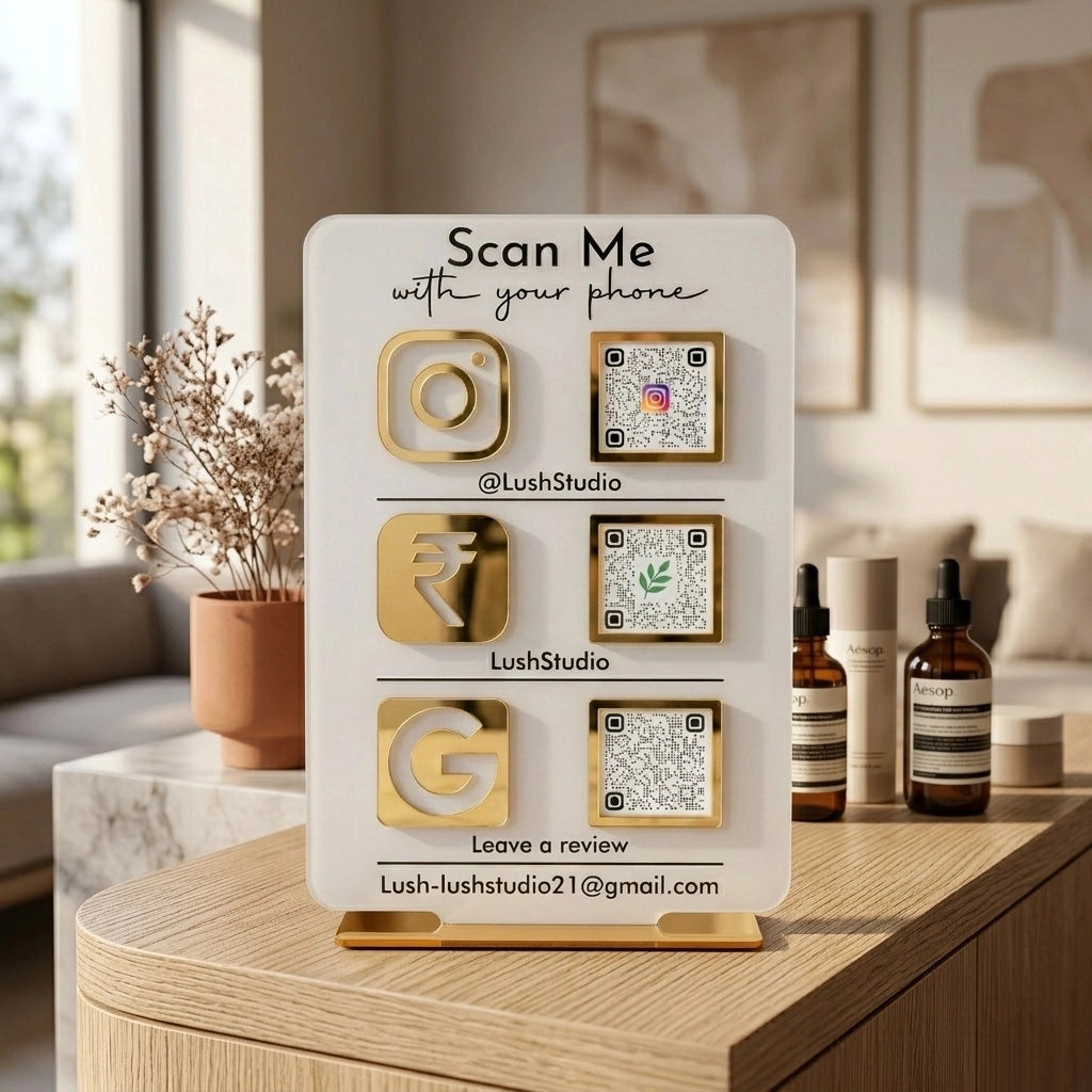 Triple QR Code Business Sign — Custom Acrylic Display Stand — Premium Wooden Decor | Woodwaley