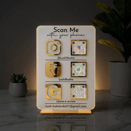 Triple QR Code Business Sign — Custom Acrylic Display Stand — Handcrafted Wooden Gift | Woodwaley