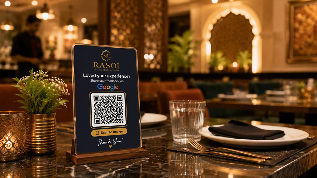 Google review QR code stand for business India — custom acrylic and wooden QR stands by Woodwaley