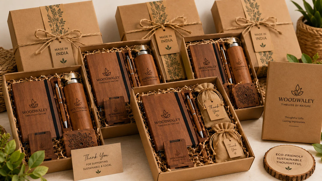 Diwali corporate gift hamper with personalised wooden items and festive lighting on a desk