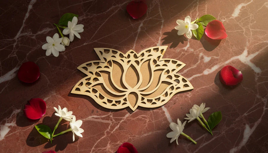 Handcrafted wooden lotus rangoli template on marble floor surrounded by marigold petals and jasmine flowers for Navratri decoration — Woodwaley DIY rangoli India