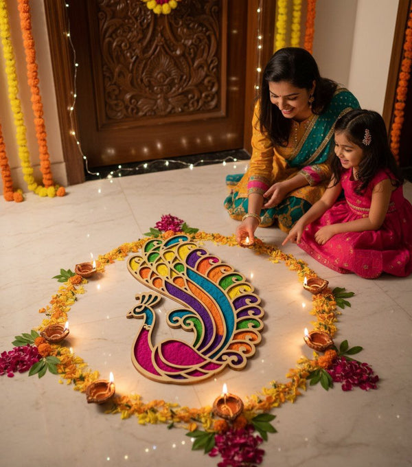Vibrant Deepavali rangoli design made with wooden peacock stencil template, earthen diyas and colorful flower petals for Diwali 2025 — Woodwaley wooden rangoli India