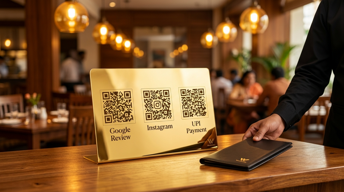 Woodwaley Triple QR Code Business Sign on restaurant billing counter India — Google review, Instagram and UPI payment stand