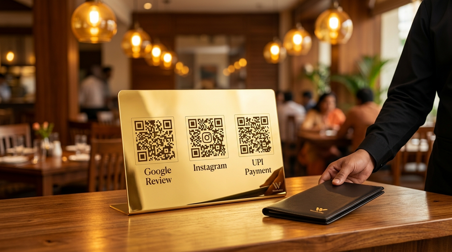 Woodwaley Triple QR Code Business Sign on restaurant billing counter India — Google review, Instagram and UPI payment stand