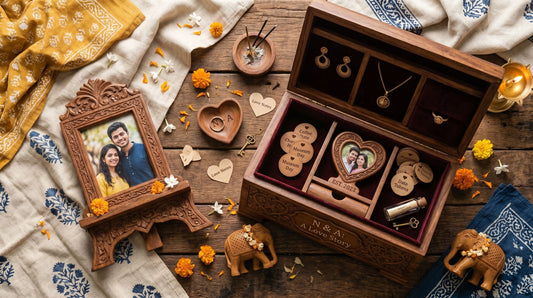 Romantic personalized wooden anniversary gifts — engraved photo frame and couple keepsake memory box with rose petals from Woodwaley India