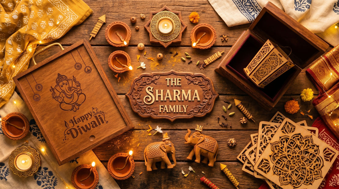 Best Diwali gifts 2026 — handcrafted wooden Ganesha engraved box, diyas and rangoli templates in festive kraft gift packaging from Woodwaley India