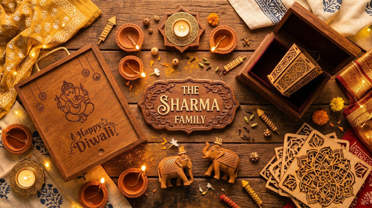 Best Diwali gifts 2026 — handcrafted wooden Ganesha engraved box, diyas and rangoli templates in festive kraft gift packaging from Woodwaley India