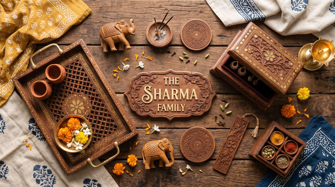 Collection of handcrafted personalized wooden gifts India — engraved nameplate, carved jewelry box and photo frame from Woodwaley artisan gifting collection 2026