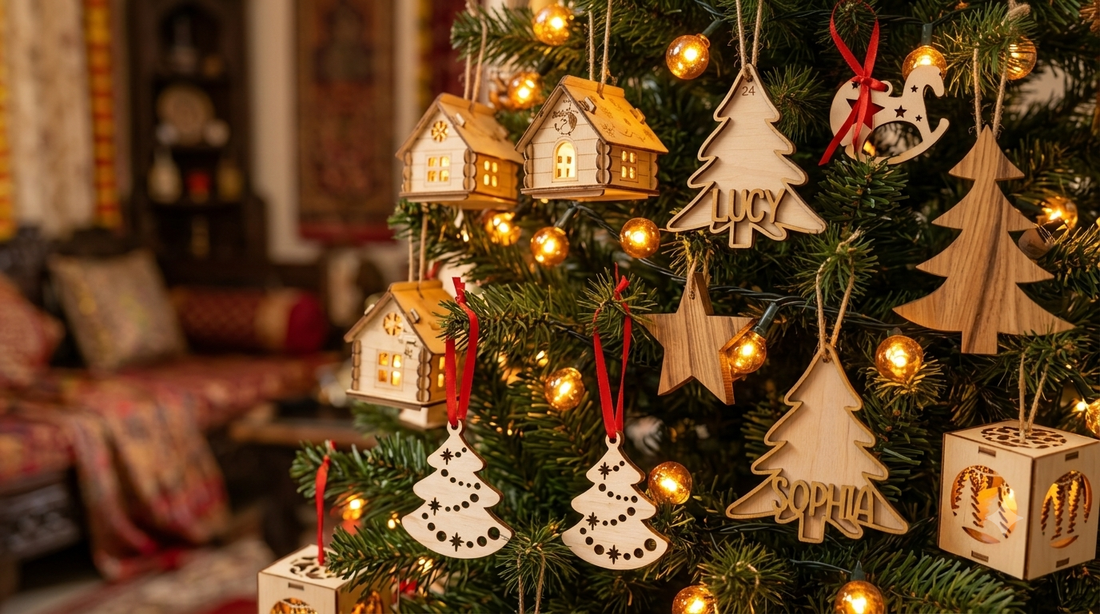 Decorated Indian home Christmas tree with handcrafted natural wooden ornaments and warm amber string lights