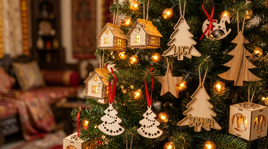 Decorated Indian home Christmas tree with handcrafted natural wooden ornaments and warm amber string lights