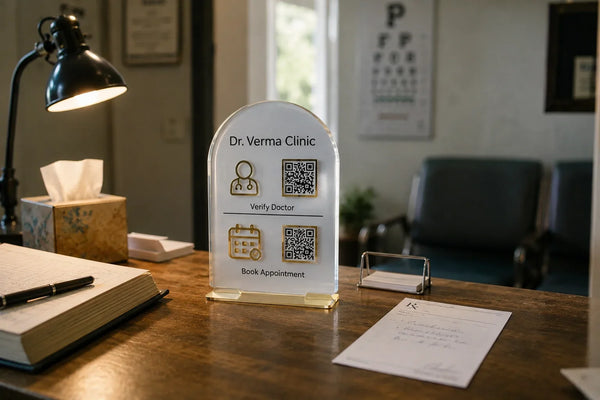 Acrylic QR code stand on a clinic reception desk displaying doctor verification QR code alongside appointment booking code