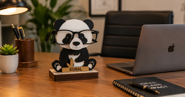 Prof. Pawsworth wooden eyeglass stand on professional Indian office desk — corporate gift for glasses wearer