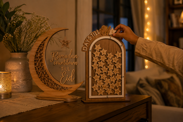 Wooden crescent moon countdown display and arched dropbox countdown jar with numbered stars on a console table