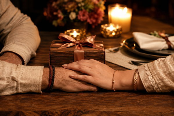 Indian couple's hands beside a personalised wooden anniversary gift box with warm candlelight