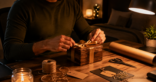 Indian man wrapping a personalised wooden gift box late at night with warm amber lamp light