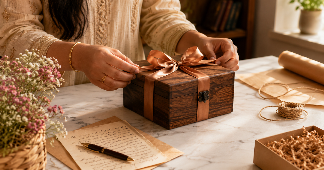 Indian woman packaging a personalised wooden gift box to send to long-distance partner