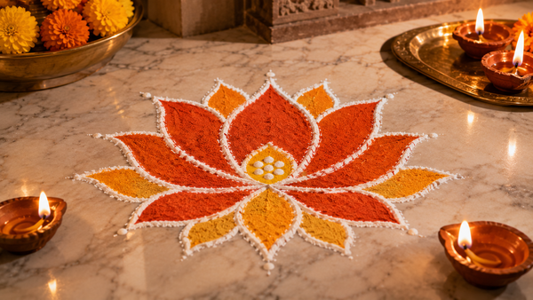 Indian woman's hands making a lotus rangoli with natural powder on white marble for Diwali