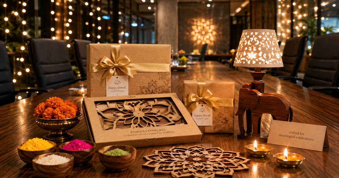 Premium corporate Diwali gifts arranged on a walnut conference table including wooden rangoli sets, animal table lamp, and natural powder bowls