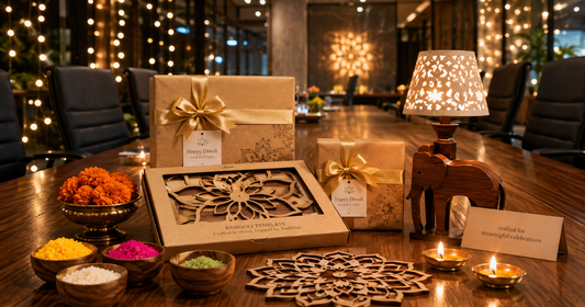 Premium corporate Diwali gifts arranged on a walnut conference table including wooden rangoli sets, animal table lamp, and natural powder bowls