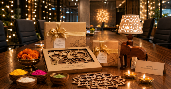 Premium corporate Diwali gifts arranged on a walnut conference table including wooden rangoli sets, animal table lamp, and natural powder bowls