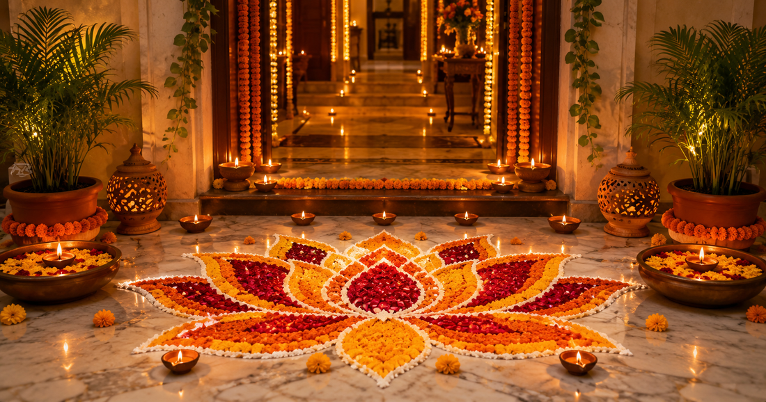 Eco-friendly Diwali decorated Indian home entrance with clay diyas, petal rangoli, and marigold toran