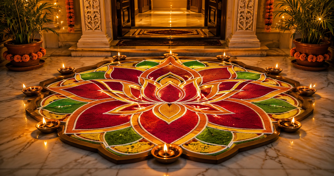 Vibrant Diwali lotus rangoli made with wooden template at Indian home entrance with diyas