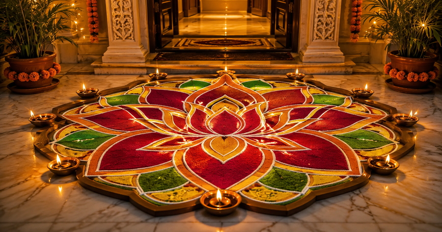 Vibrant Diwali lotus rangoli made with wooden template at Indian home entrance with diyas