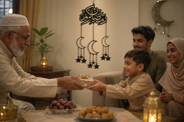 Family living room scene during Eid with a personalized wooden calligraphy wall art panel and an elder handing a child a gift