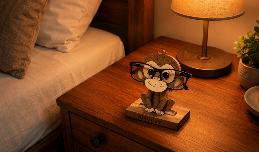 Warm wooden bedside table at night with black-framed eyeglasses resting on a Woodwaley sheesham wood Spec Keeper eyeglass stand — Indian home decor