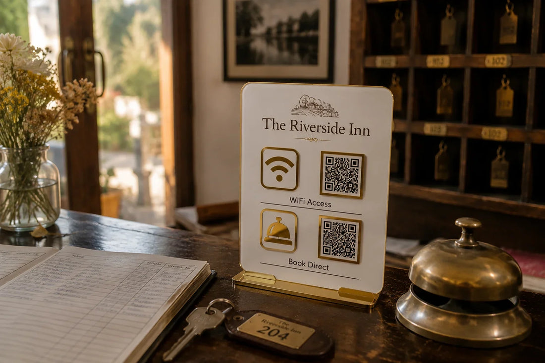Acrylic QR code stand on a hotel reception desk with WiFi access and direct booking QR codes