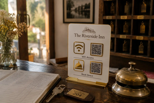 Acrylic QR code stand on a hotel reception desk with WiFi access and direct booking QR codes