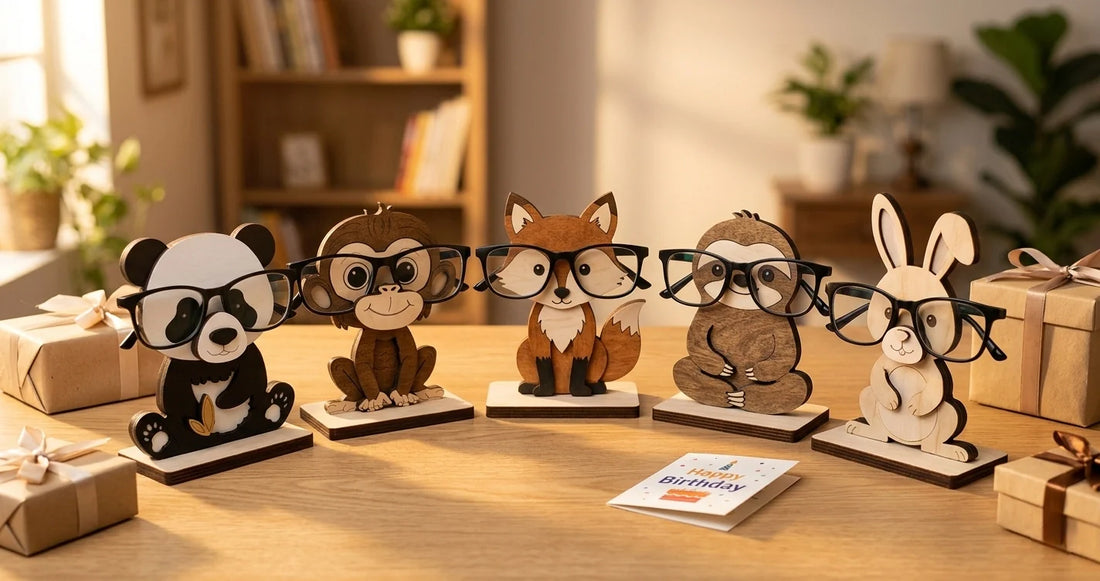 Woodwaley Zoo Buddies Spec Keepers collection — personalised wooden eyeglass stands as birthday gifts India 2026
