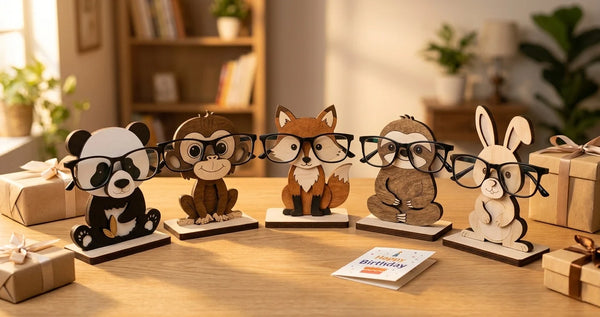 Woodwaley Zoo Buddies Spec Keepers collection — personalised wooden eyeglass stands as birthday gifts India 2026