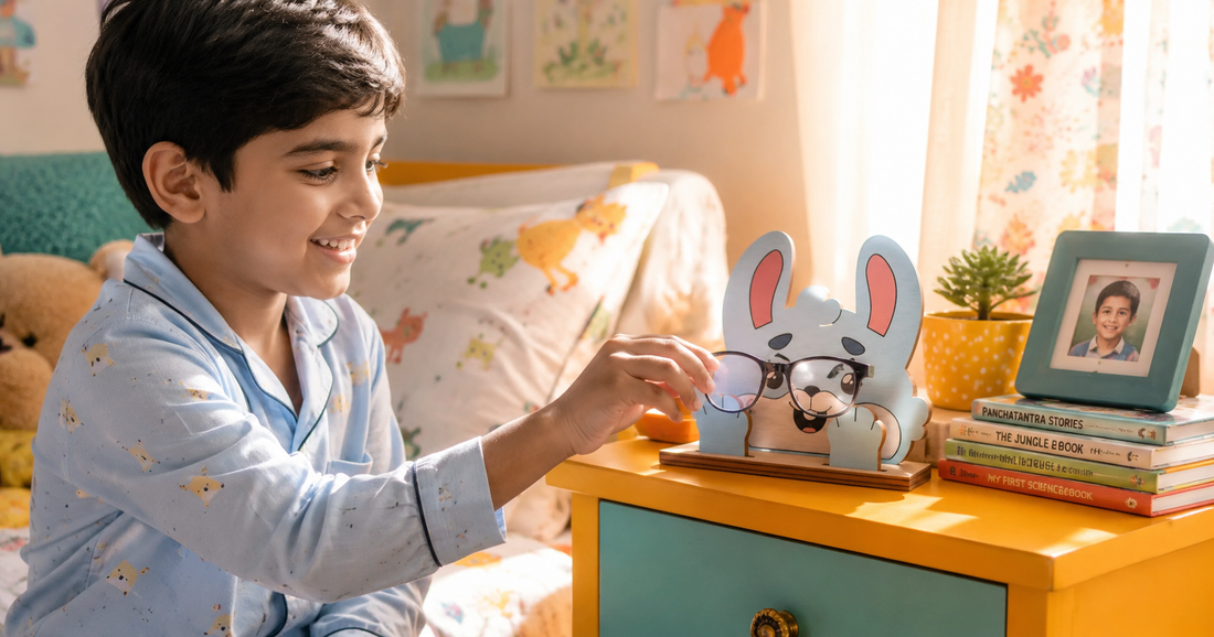 Indian child reaching for their glasses from a carved wooden Bunny Spec Keeper on a colourful bedside table