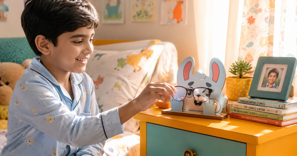 Indian child reaching for their glasses from a carved wooden Bunny Spec Keeper on a colourful bedside table