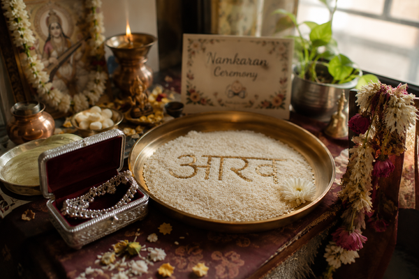 Home altar setup for a namkaran ceremony with a bronze rice plate showing a freshly written baby name and a silver anklet box