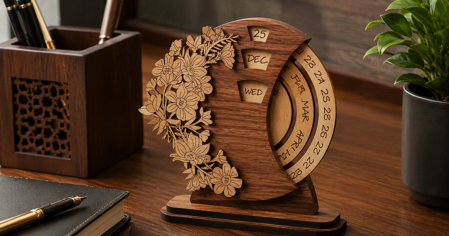 Wooden perpetual desk calendar with rotating cube blocks showing a date, on office desk with pen holder