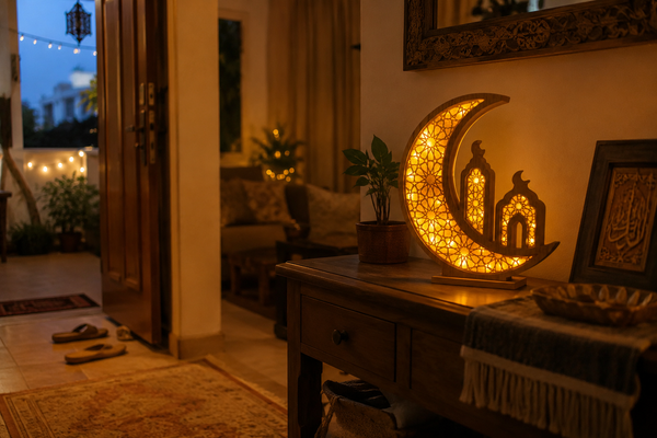 Wooden crescent moon LED lantern glowing on a console table in an Indian home entryway