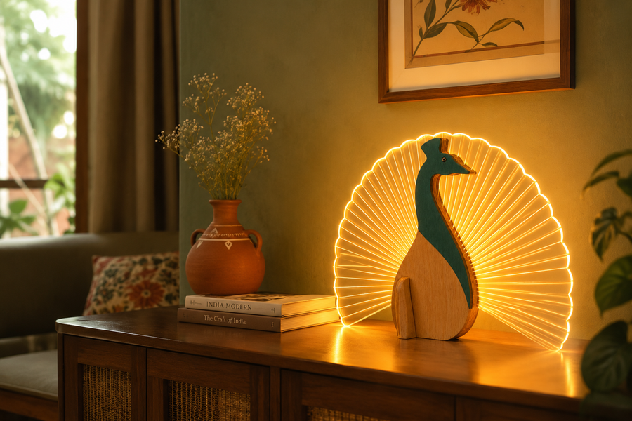 Wireframe wooden peacock table lamp on a console table in an Indian living room