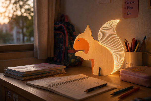 Wooden wireframe squirrel table lamp glowing on a child's study desk beside notebooks and a pencil case