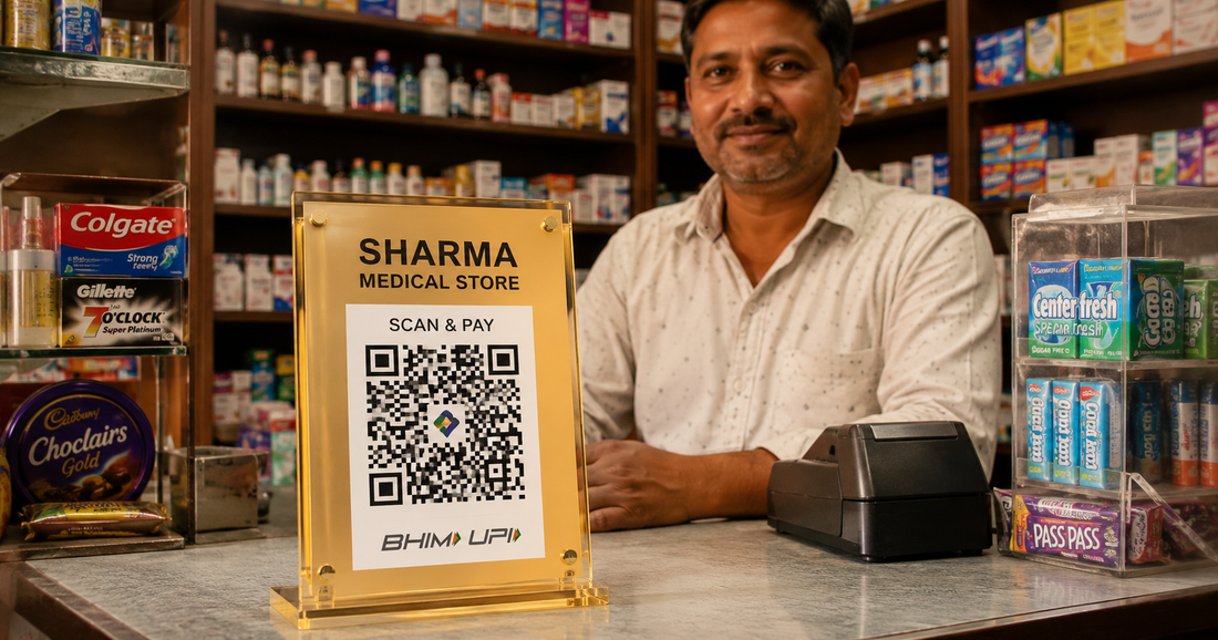 Professional custom acrylic UPI QR code stand on Indian kirana store counter — branded payment display