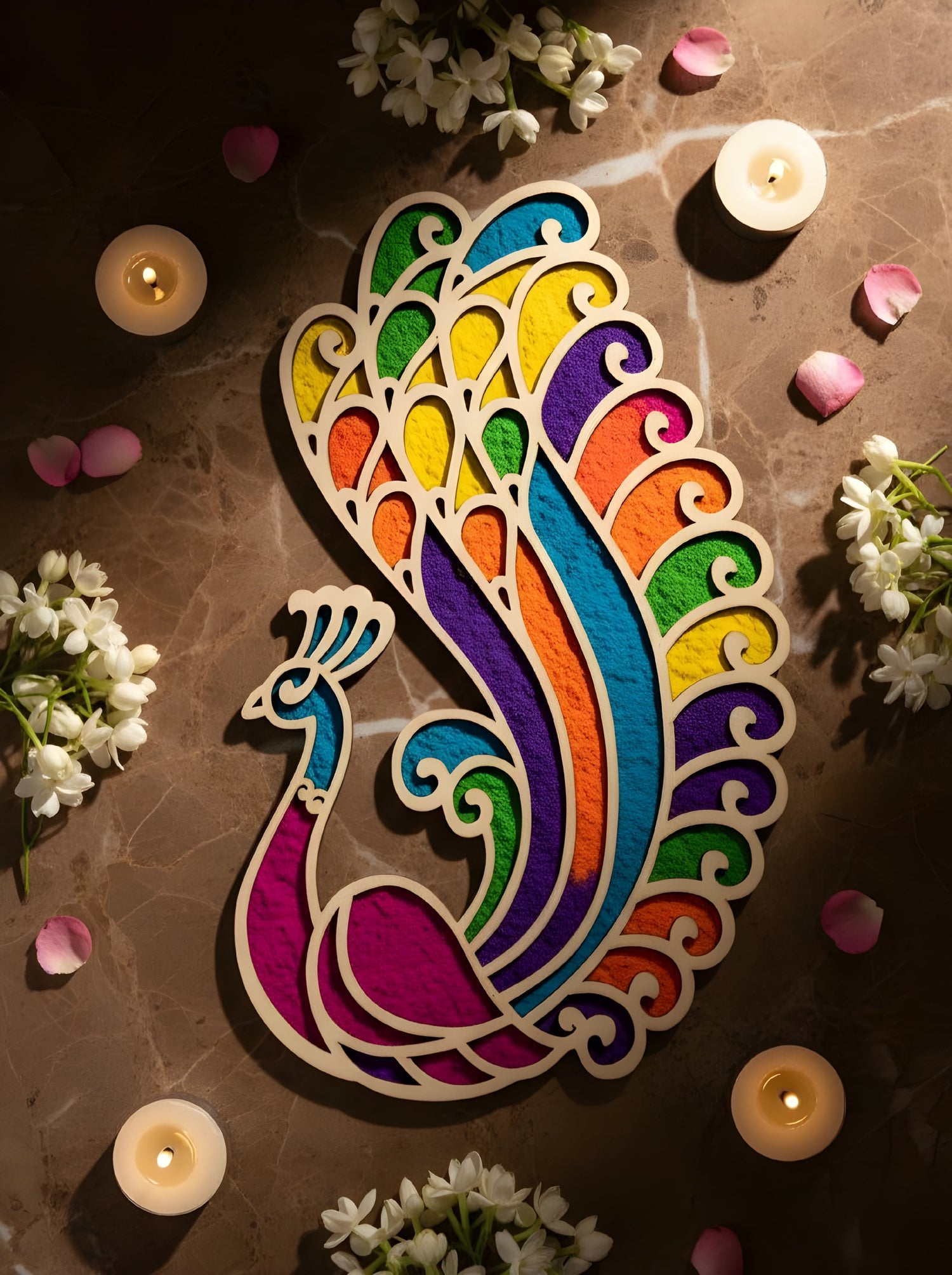 Colorful wooden peacock rangoli template surrounded by candles, flowers and petals on marble