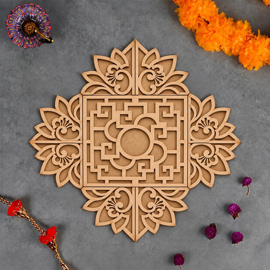 Shubh Mandala wooden rangoli template, plain unpainted pine wood
