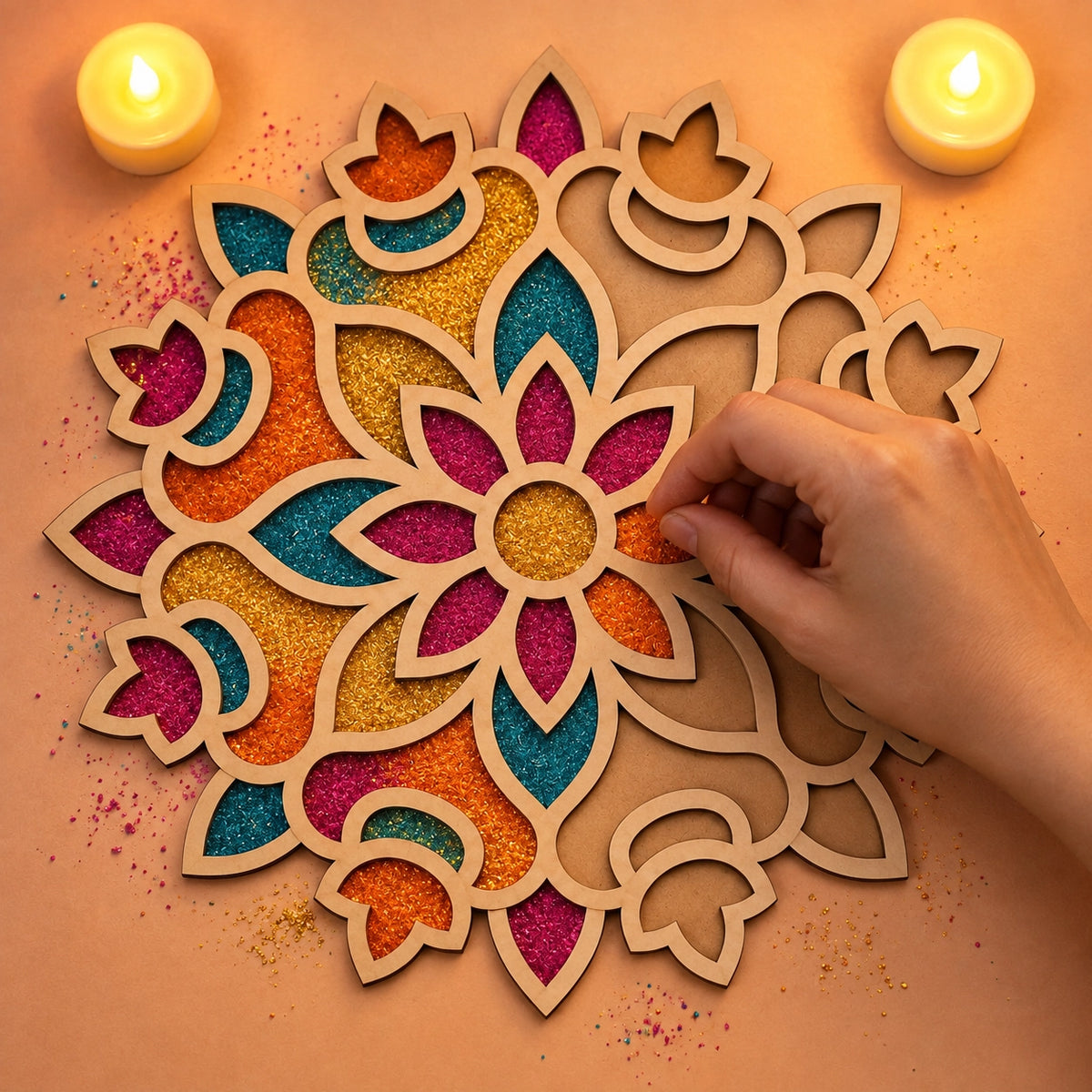 Padma Mandala Art Wooden Rangoli - being filled with rangoli colours