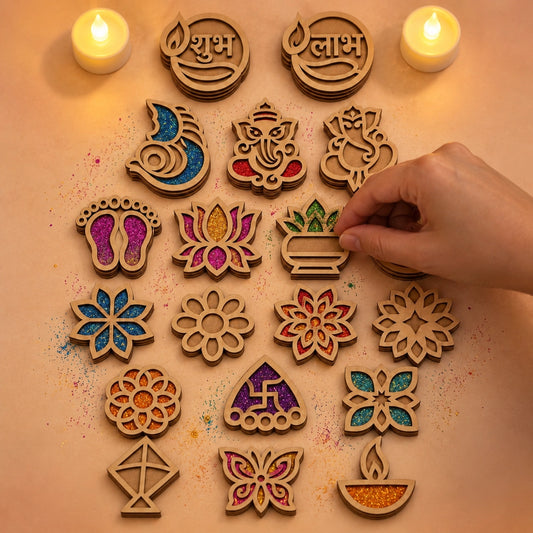Shubh Labh Decoration Rangoli Kit - pieces being filled with glitter colours