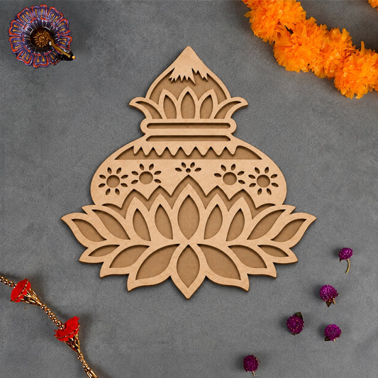 Mangal Kalash rangoli styled flatlay with marigolds and diya