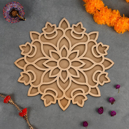 Padma Mandala Art Wooden Rangoli - styled flatlay with diya and marigolds