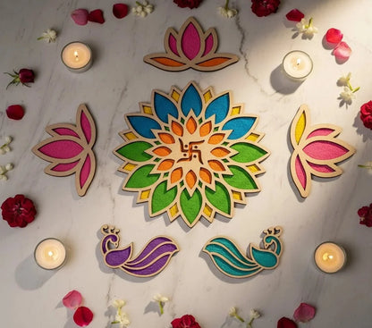 Woodwaley Rangavalli Diwali Combo (1 Swastik Rangoli, 3 Kamal Borders, 2 Mayur Borders, 5 Colours pack) — Diwali Wooden Gift | Woodwaley
