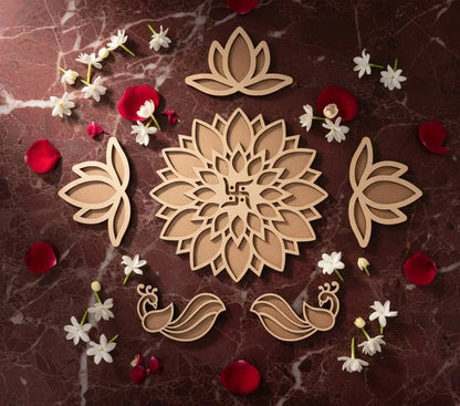 Woodwaley Rangavalli Diwali Combo (1 Swastik Rangoli, 3 Kamal Borders, 2 Mayur Borders, 5 Colours pack) — Diwali Wooden Gift | Woodwaley